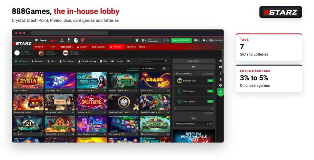 888starz 888Games lobby with Crystal, Crash Point and other in-house games
