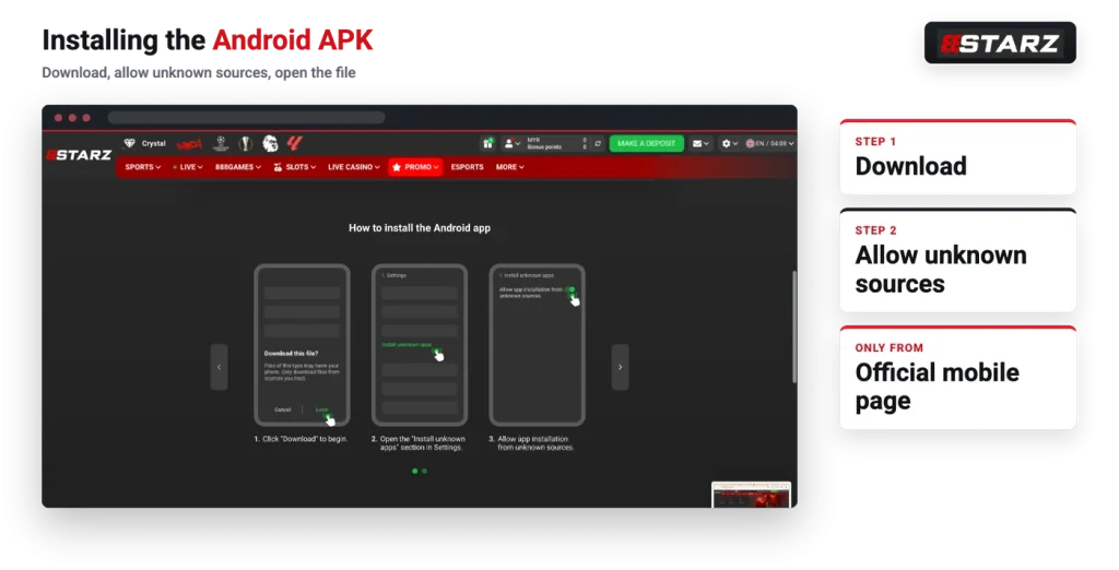 888starz Android app install steps with unknown sources setting