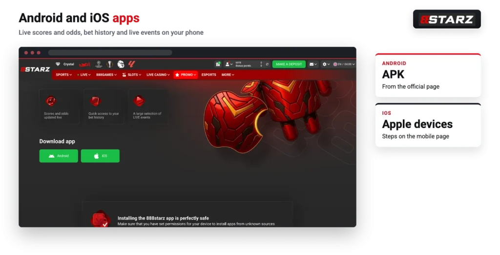 888starz mobile page with Android and iOS download buttons