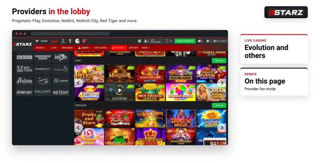 888starz casino providers including Pragmatic Play and Evolution