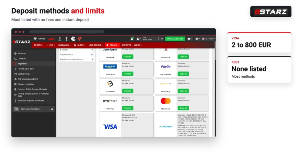 888starz payment methods page with minimums and fees