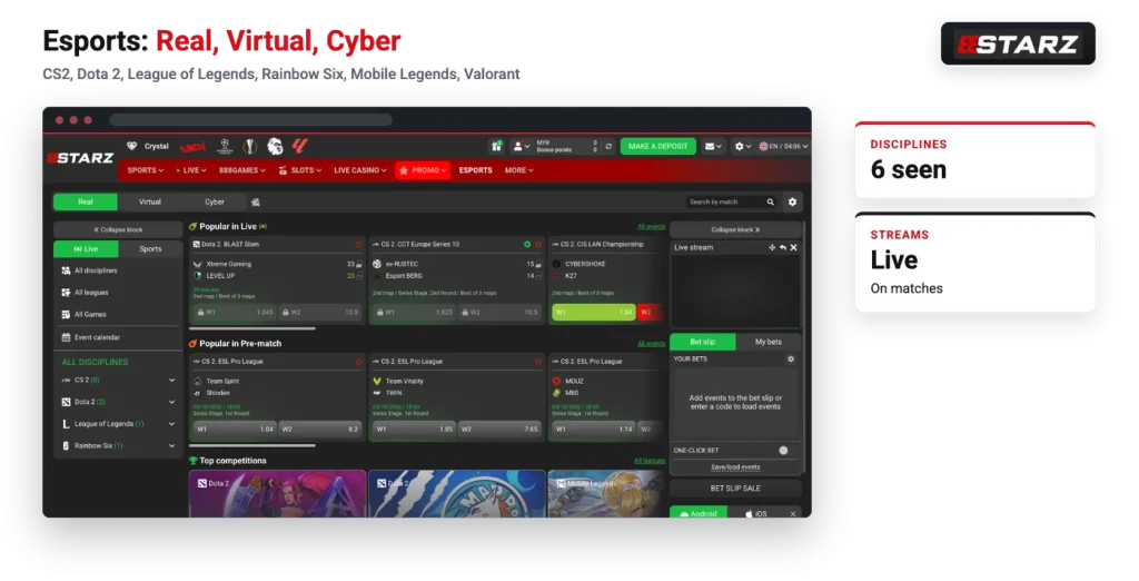 888starz esports lobby with Dota 2, CS2 and Mobile Legends