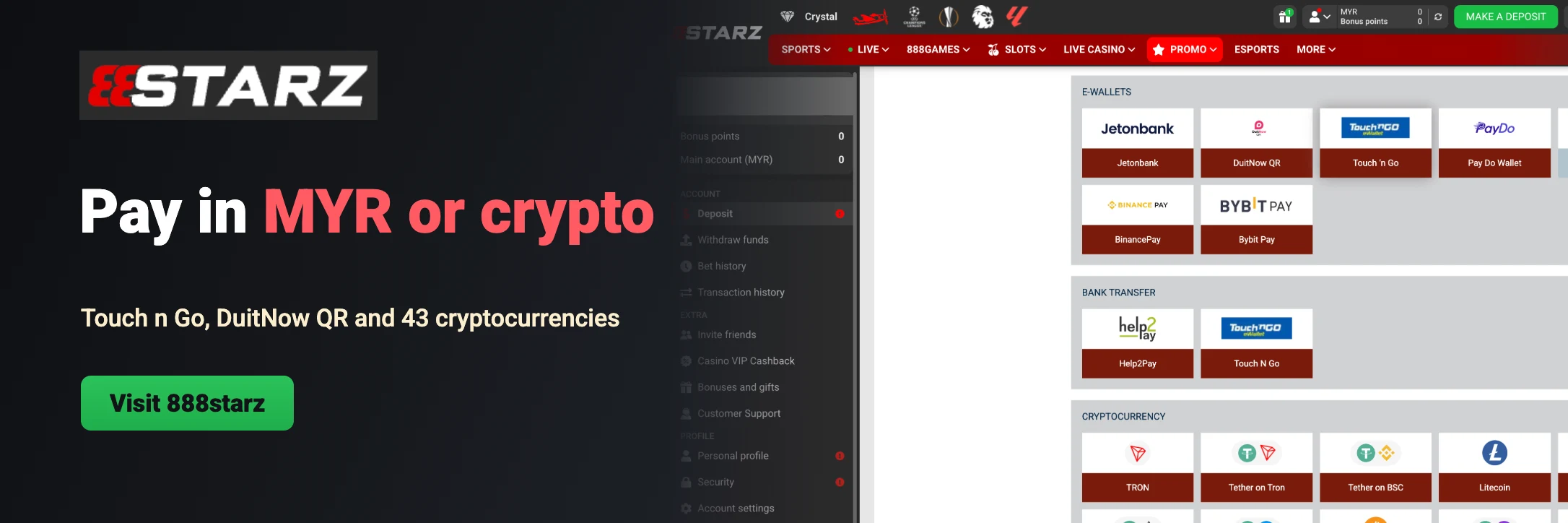 888starz payments in MYR and 43 cryptocurrencies