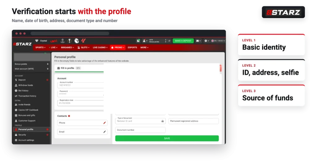 888starz personal profile used for KYC verification
