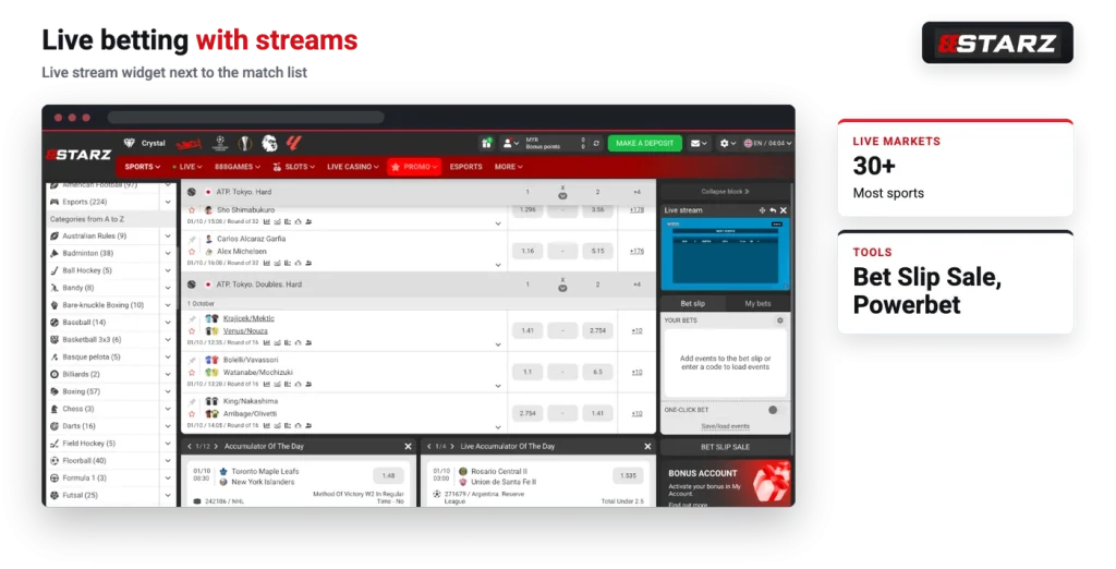 888starz live betting with live stream widget