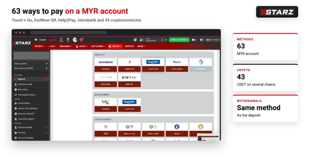 888starz MYR cashier with Touch n Go, DuitNow QR, Help2Pay and crypto