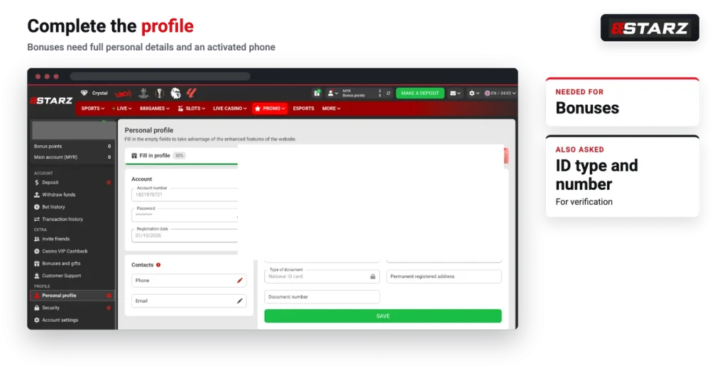 888starz personal profile fields for verification
