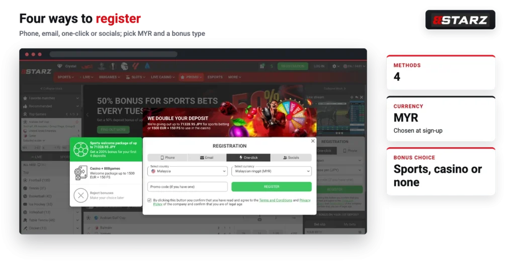 888starz registration form with phone, email, one-click and socials options