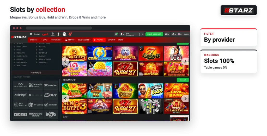 888starz slots lobby with collections and providers