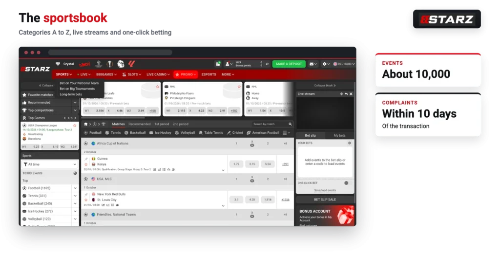 888starz sports betting lobby with events and bet slip
