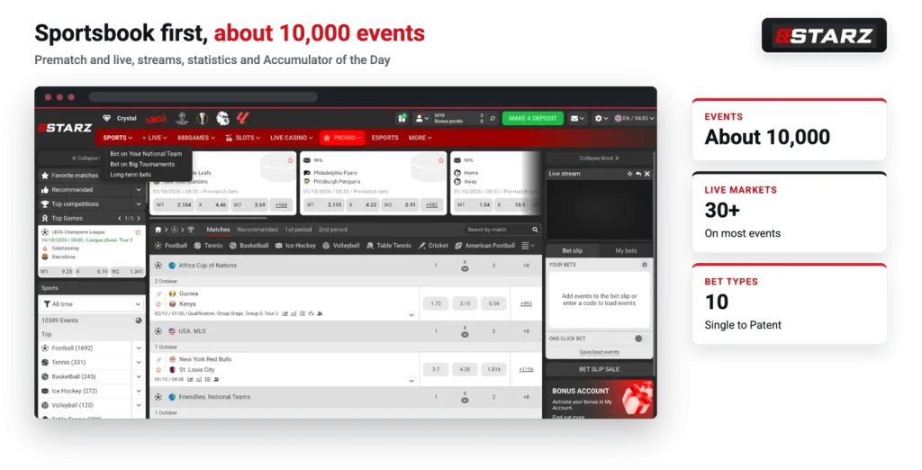 888starz sportsbook with football, tennis and basketball events and live odds