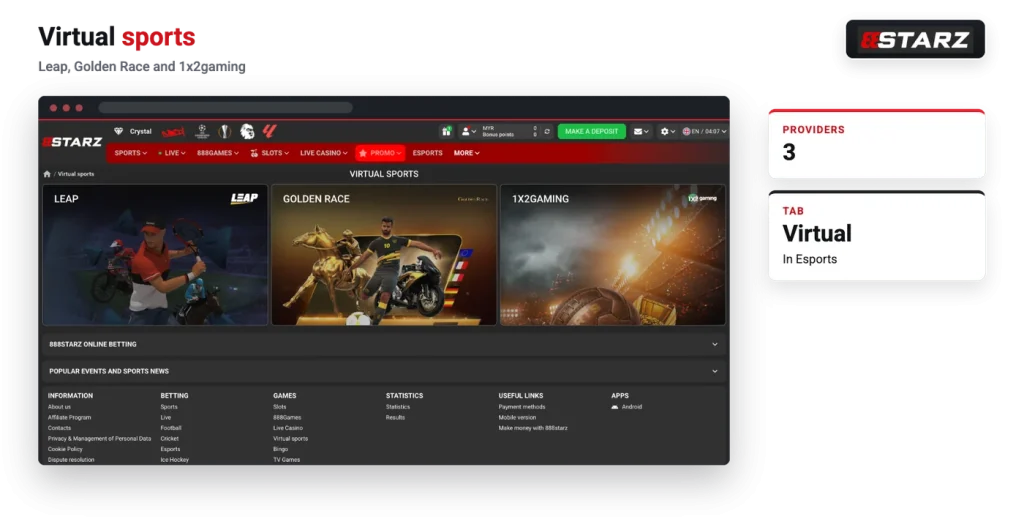 888starz virtual sports providers Leap, Golden Race and 1x2gaming